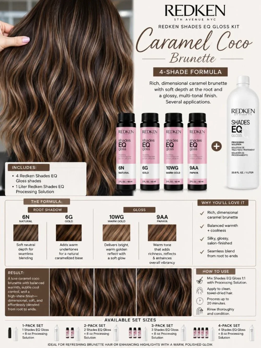 Redken Shades EQ Caramel Coco Brunette Gloss Kit | 6N + 6G + 10WG + 9AA + 1L Pro
